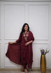 Red Embroidered Kurta Pant and Dupatta Set