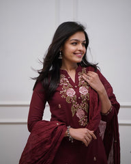 Red Embroidered Kurta Pant and Dupatta Set