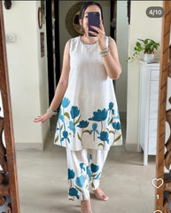 Women,s Pure Cotton Printed Floral Cotton Kurta Paint Set Blue