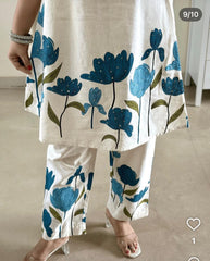 Women,s Pure Cotton Printed Floral Cotton Kurta Paint Set Blue