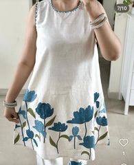 Women,s Pure Cotton Printed Floral Cotton Kurta Paint Set Blue