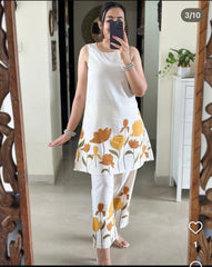 Women,s Pure Cotton Printed Floral Cotton Kurta Paint Set Yellow