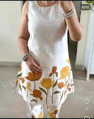 Women,s Pure Cotton Printed Floral Cotton Kurta Paint Set Yellow