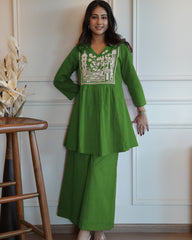 Women's Cotton Embroidered Co-ard set Green Set Stylish Ethnic Wear For Girl & Women