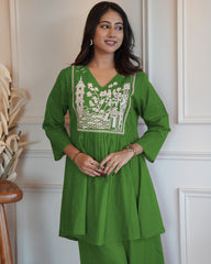 Women's Cotton Embroidered Co-ard set Green Set Stylish Ethnic Wear For Girl & Women