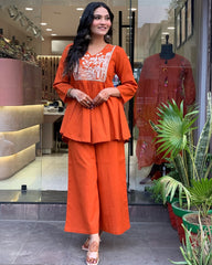 Women's Cotton Embroidered Co-ard set Orange Set Stylish Ethnic Wear For Girl & Women