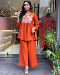 Women's Cotton Embroidered Co-ard set Orange Set Stylish Ethnic Wear For Girl & Women