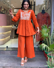 Women's Cotton Embroidered Co-ard set Orange Set Stylish Ethnic Wear For Girl & Women