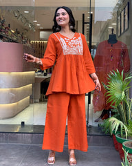 Women's Cotton Embroidered Co-ard set Orange Set Stylish Ethnic Wear For Girl & Women