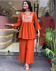 Women's Cotton Embroidered Co-ard set Orange Set Stylish Ethnic Wear For Girl & Women