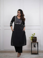 Embroidered Black Cotton Flex Kurta Pant Set