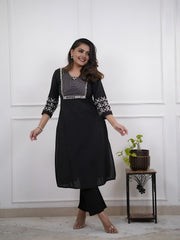 Embroidered Black Cotton Flex Kurta Pant Set