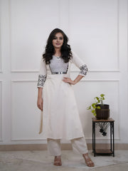 Embroidered White Cotton Flex Kurta Pant Set