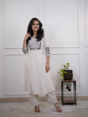 Embroidered White Cotton Flex Kurta Pant Set