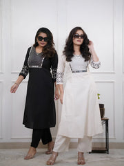 Embroidered White Cotton Flex Kurta Pant Set