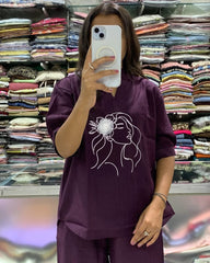 Embroidered Wine Cotton Slub Co-Ord Set