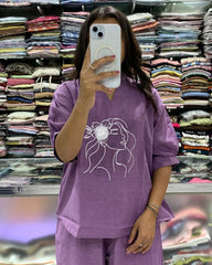 Embroidered Purple Cotton Slub Co-Ord Set