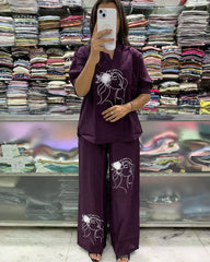 Embroidered Wine Cotton Slub Co-Ord Set