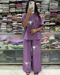 Embroidered Purple Cotton Slub Co-Ord Set