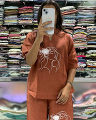 Embroidered Rust Cotton Slub Co-Ord Set