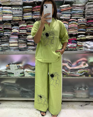 Embroidered Green Cotton Slub Co-Ord Set