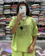 Embroidered Green Cotton Slub Co-Ord Set