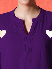 White Heart Embroidered Purple Cotton Kurta Pant Set