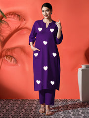 White Heart Embroidered Purple Cotton Kurta Pant Set