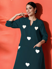 White Heart Embroidered Teal Green Cotton Kurta Pant Set