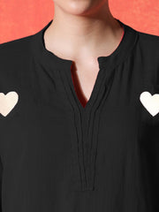 White Heart Embroidered Black Cotton Kurta Pant Set