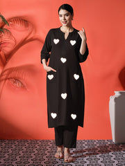 White Heart Embroidered Black Cotton Kurta Pant Set