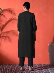 White Heart Embroidered Black Cotton Kurta Pant Set