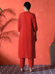 White Heart Embroidered Red Cotton Kurta Pant Set