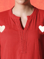 White Heart Embroidered Red Cotton Kurta Pant Set