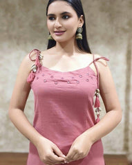 Pink Sleeveless Cotton Slub Kurta Set with Mirror Work