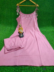Pink Sleeveless Cotton Slub Kurta Set with Mirror Work