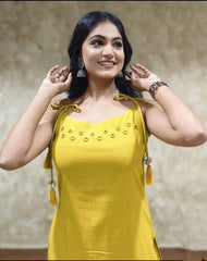 Yellow Sleeveless Cotton Slub Kurta Set with Mirror Work