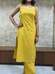 Yellow Sleeveless Cotton Slub Kurta Set with Mirror Work