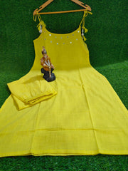 Yellow Sleeveless Cotton Slub Kurta Set with Mirror Work