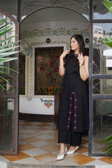 Aline Slit Black Cotton Slub Kurta Set