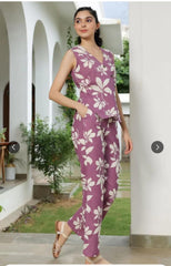 Beautiful Print Detailing Wine Cotton Co-ord Set