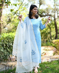 Beautiful Blue and White Chanderi Cotton Dupatta Set