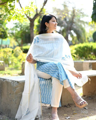 Beautiful Blue and White Chanderi Cotton Dupatta Set
