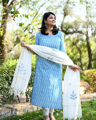 Beautiful Blue and White Chanderi Cotton Dupatta Set
