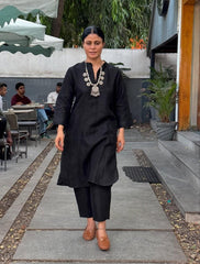 Pure Cotton Solid Black Kurta Pant Set
