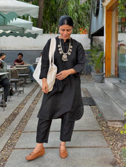 Pure Cotton Solid Black Kurta Pant Set