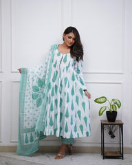 White Printed | Pure Cotton | Anarkali Dupatta Set Wearline