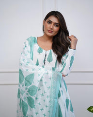 White Printed | Pure Cotton | Anarkali Dupatta Set Wearline