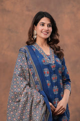 Blue Ajrakh Elegance Kurta Pant With Dupatta Set