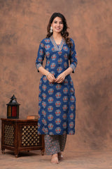 Blue Ajrakh Elegance Kurta Pant With Dupatta Set